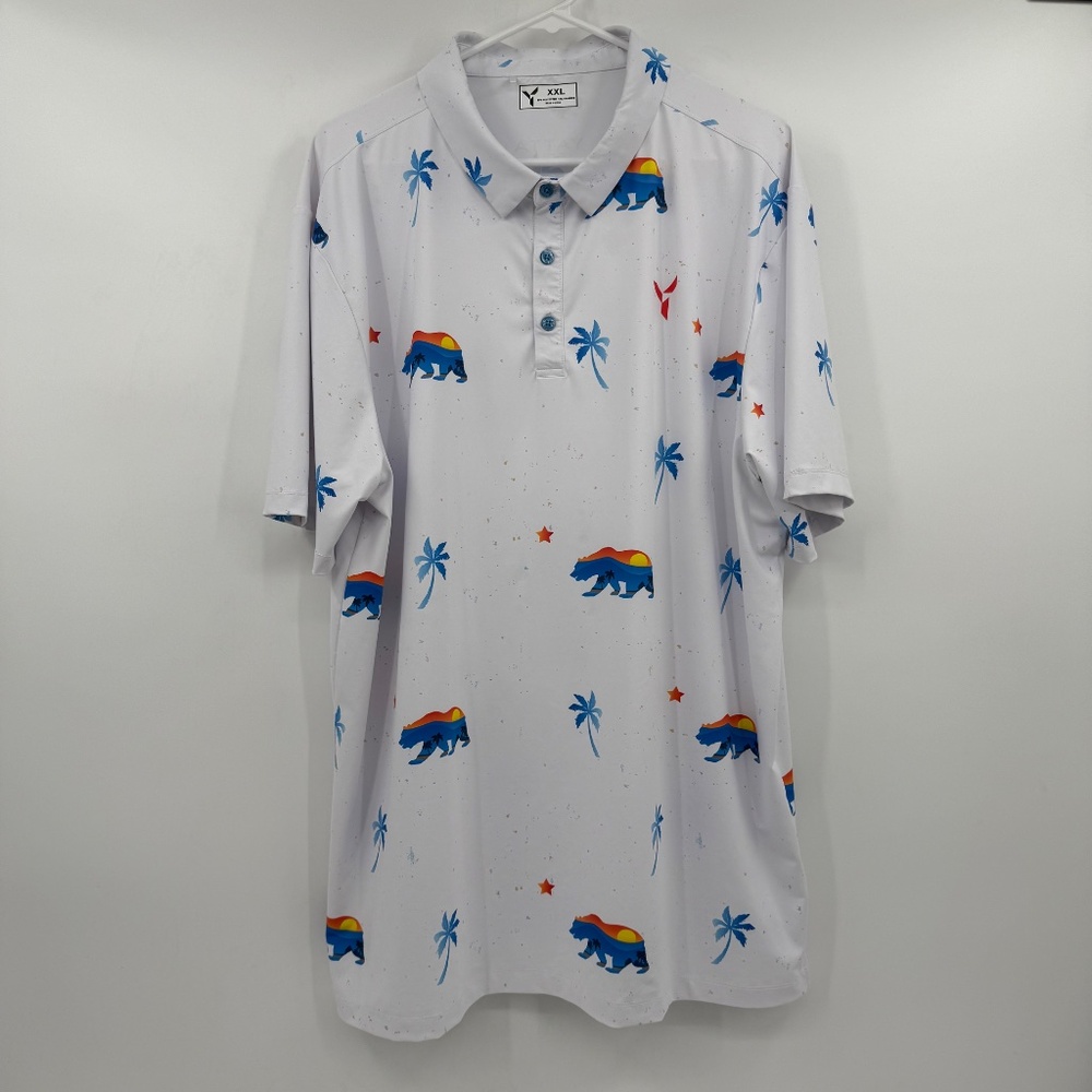 Yatta Golf Polo Shirt Men XXL White Short Sleeve Performance Stretch Cali Bear